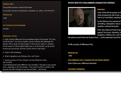 More than 780 detailed Character Profiles. Many include personal trivia, violence markers & allegiances.