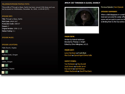Our Episode and Credits Guide features highly detailed Episode Profiles for all 67 episodes of Millennium.